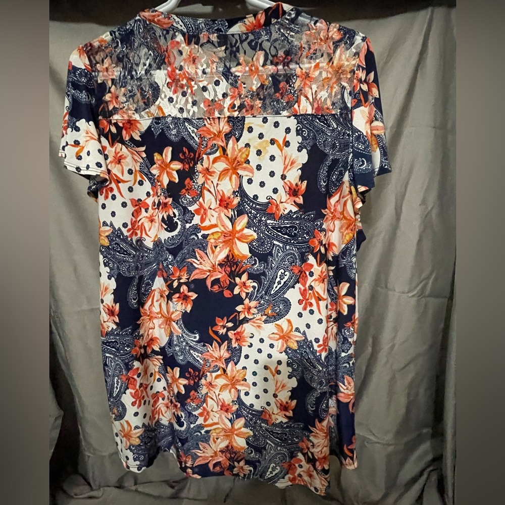Cocomo Women's Tunic Blouse Plus 1X Floral Paisley Pleated Stretch Short Sleeve - Picture 7 of 7